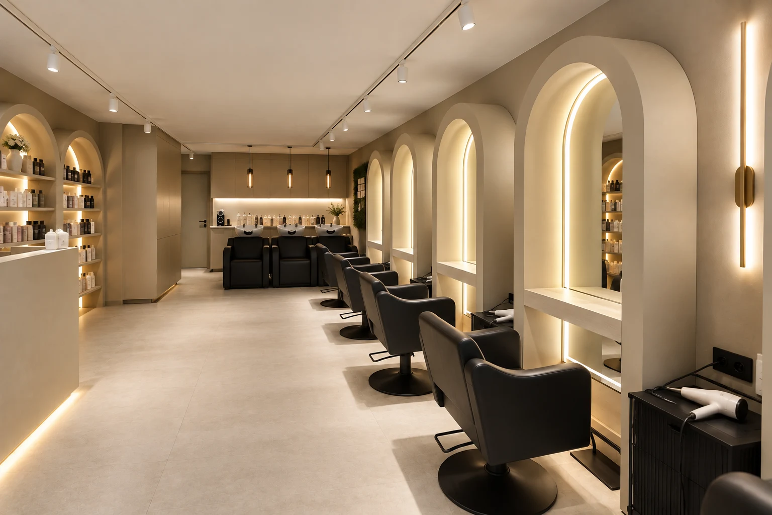 Le salon Organic Hair, ses fauteuils et ses miroirs en arche
